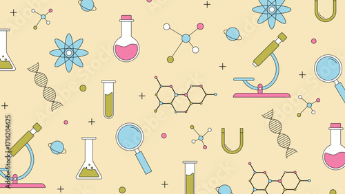 Creative science lab background featuring microscope DNA helix atom molecule and chemistry icons in colorful minimalist style for education and research themes