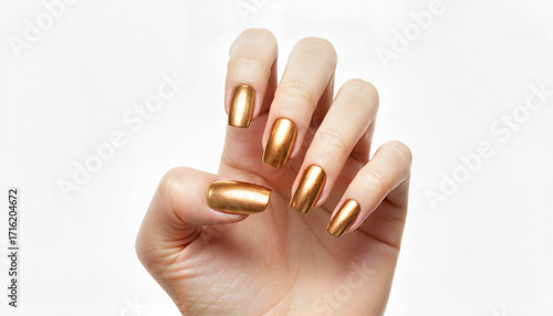 Woman's hand showing metallic gold nail polish on neutral background  
