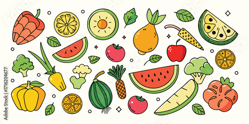 Vibrant collection of fresh fruits and vegetables artfully arranged for healthy eating