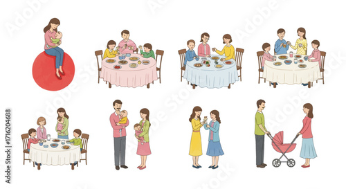 Family Dinner Scenes Parents with Baby Children Eating Together Happy Home Life Illustration