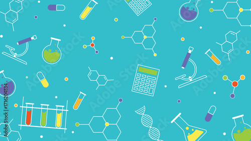 Creative science background featuring DNA molecules microscope lab equipment pills and chemistry icons in colorful style perfect for education research medical and academic projects