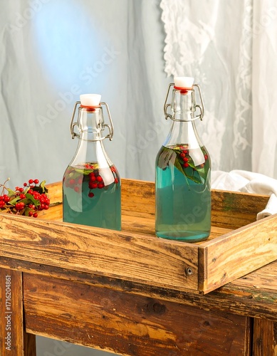 Two blue drinks in glass bottles on a wooden tray