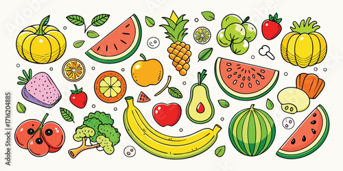 Vibrant assortment of fresh fruits and vegetables hand-drawn style for healthy eating