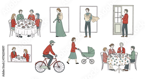 Family Life Illustration Set  Dinner Baby Carrier Cycling and Everyday Moments of Connection