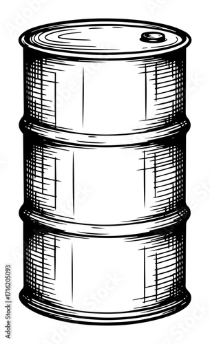 Vintage Oil Barrel in a Hand Drawn Engraved Style Black Shape Vector Laser Cutting Engraving Monochrome Print