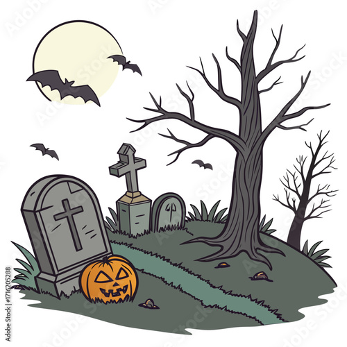Spooky Halloween Graveyard Cartoon Illustration