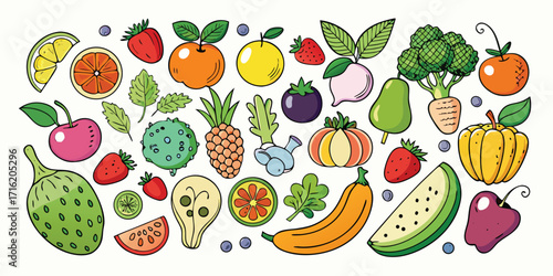 Colorful assortment of fresh fruits and vegetables hand-drawn style vibrant healthy food collection