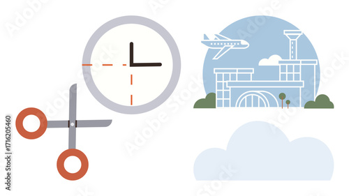 Clock intersected by scissors, airplane, modern airport, and cloud. Ideal for time-saving, efficiency, scheduling, air travel, punctuality planning simple flat metaphor