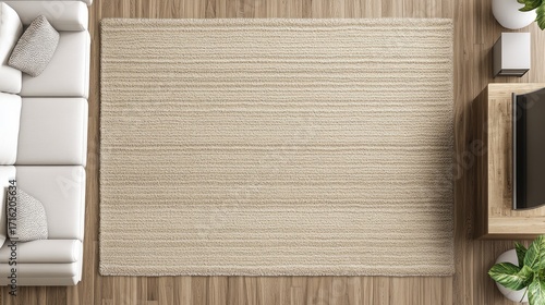 This elegant living space features a cream carpet with wavy lines, complementing white sofas in a modern, minimalist style enhanced by natural light streaming in