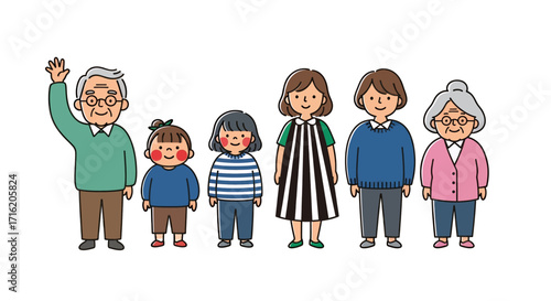 Generations of Family Standing Together Happy People Cartoon Illustration Line Art Style