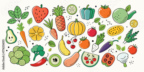 Vibrant assortment of whimsical fruits and vegetables hand-drawn style collection