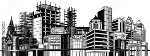 silhouette, city, skyline, building, tower, facade, scaffold, highrise, urban, architecture, vector, black, icon, design, structure, modern, historic, project, engineering, development