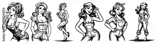 Set of Retro Pin Up Farmer Girls in Overalls black shape vector laser cutting engraving monochrome print