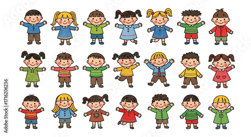 Group of Diverse Cartoon Children Standing in a Row Happy Kids Illustration for Education