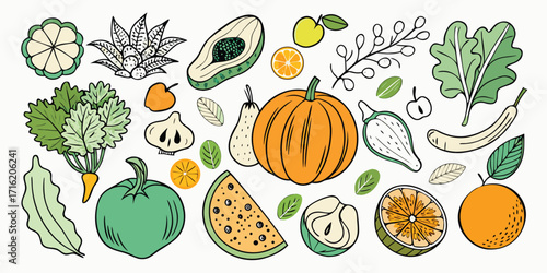 Vibrant assortment of fresh fruits and vegetables hand-drawn sketch collection