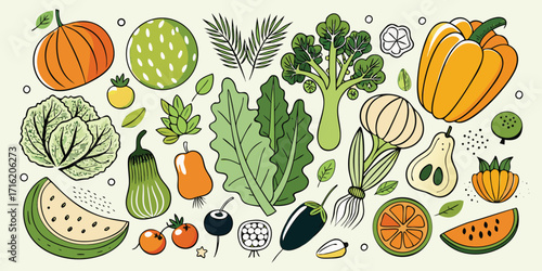 Vibrant collection of fresh fruits and vegetables artfully arranged for healthy eating