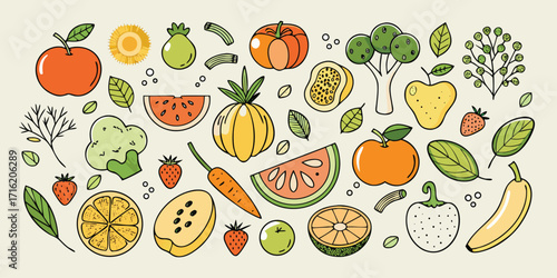 Vibrant assortment of fresh fruits and vegetables hand-drawn style collection
