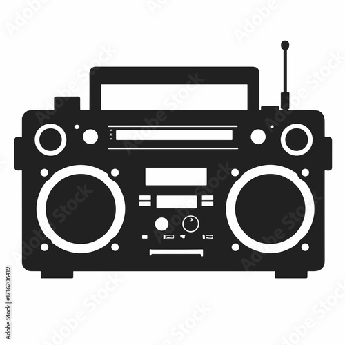Black silhouette of a mini boombox with twin speakers and antenna tip, plain white background
