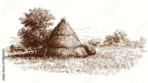 Hand Drawn Dry Farm Haystack Vector Illustration for Agriculture Designs