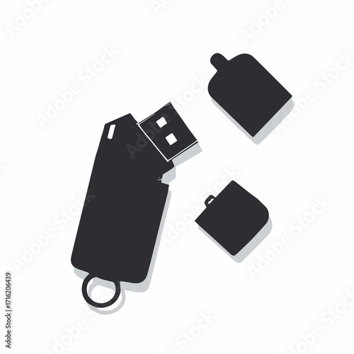 Black silhouette of a USB memory stick with cap off and keyring hole, plain white background