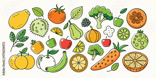Vibrant assortment of fresh fruits and vegetables hand drawn sketch style artistic collection