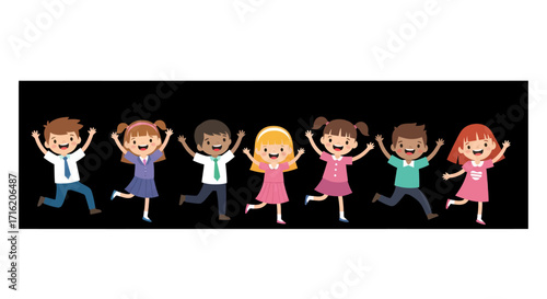 Happy Diverse Children Jumping for Joy  Cartoon Kids Celebrating Friendship and School Success