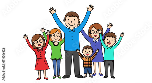 Happy Family Cartoon Illustration Celebrating Together with Raised Arms and Joyful Expressions