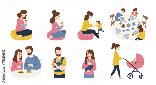 Happy Family Moments Breastfeeding Baby Care and Quality Time Together Illustration Set