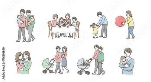 Happy Family Moments Parenting Baby Care and Playful Activities Illustrated Vector Set