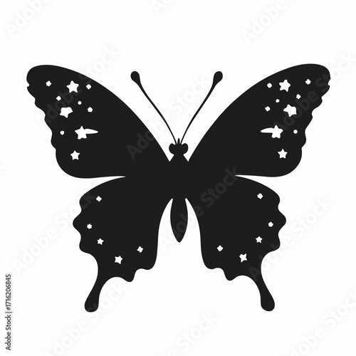 Black silhouette of a butterfly hair clip with scalloped wings and little star cutouts, plain white background
