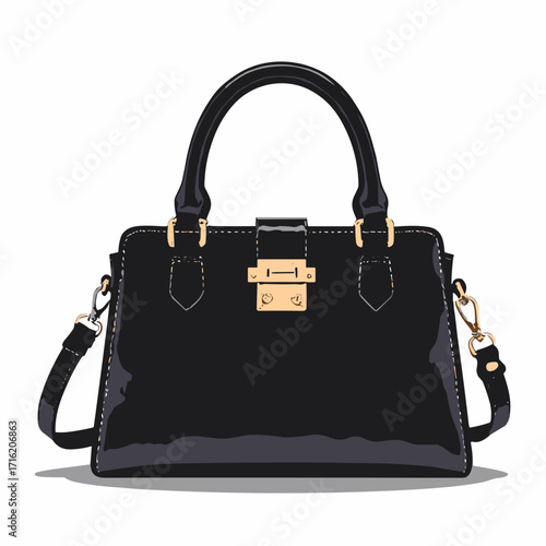 Black silhouette of a glossy mini handbag with clasp and short strap, plain white background