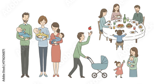 Happy Family Moments  Parents Babies Dinner Table and Stroller Illustration