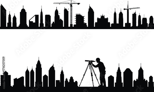 silhouette, city, skyline, crane, building, tower, highrise, urban, architecture, surveyor, tripod, vector, black, icon, design, structure, construction, development, planning, infrastructure