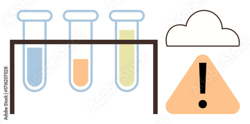 Test tubes with blue, orange, and yellow liquids in a holder next to a cloud and warning triangle. Ideal for lab safety, risk management, chemical testing, analysis, data, hazard awareness simple