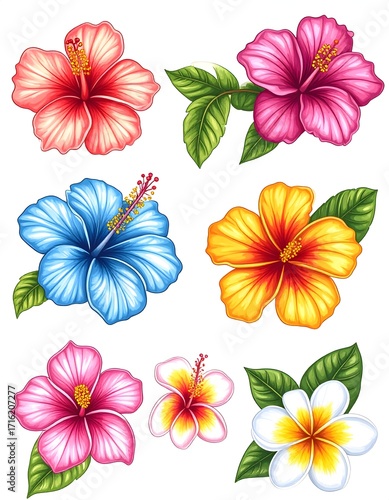Decorative hibiscus flower set for digital prints high resolution sticker
