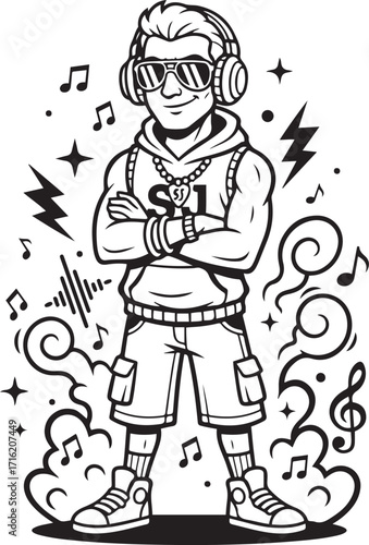 Cartoon Rapper Character with Headphones and Music Symbols Keywords: abstract, art, black