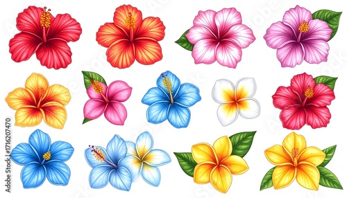 Hand-sketched tropical flower set with bold petals high resolution sticker