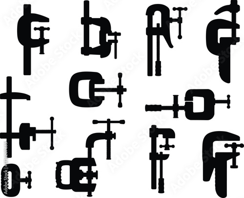silhouette, clamp, vise, tool, grip, hold, tighten, secure, jaw, screw, metal, work, construction, equipment, vector, black, icon, design, hardware, workshop