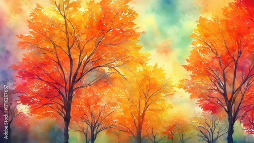 Autumn trees watercolor painting