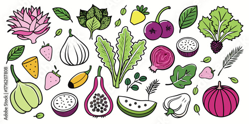 Vibrant assortment of fresh fruits and vegetables hand-drawn style collection