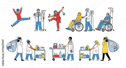 Healthcare Workers and Patients in Various Roles Medical Team Supporting Diverse Individuals Illustration