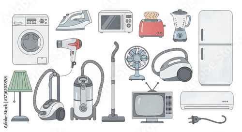 Household Appliances Collection  Washing Machine Iron Microwave Toaster Blender and Refrigerator Illustration