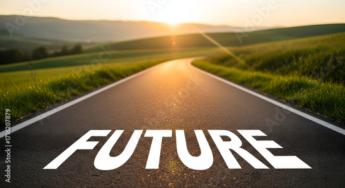 Wallpaper Mural Road to the Future: A visual narrative of a road leading towards the sun, with the word FUTURE emblazoned on the asphalt, symbolizing hope and opportunity. Torontodigital.ca