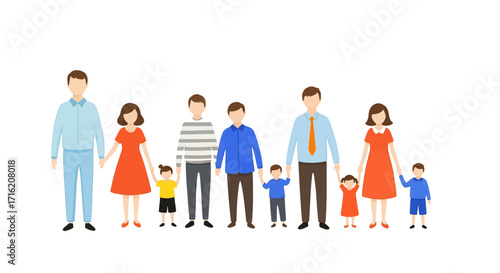 Large Family Holding Hands Together Happy People Lineup Generational Group Illustration