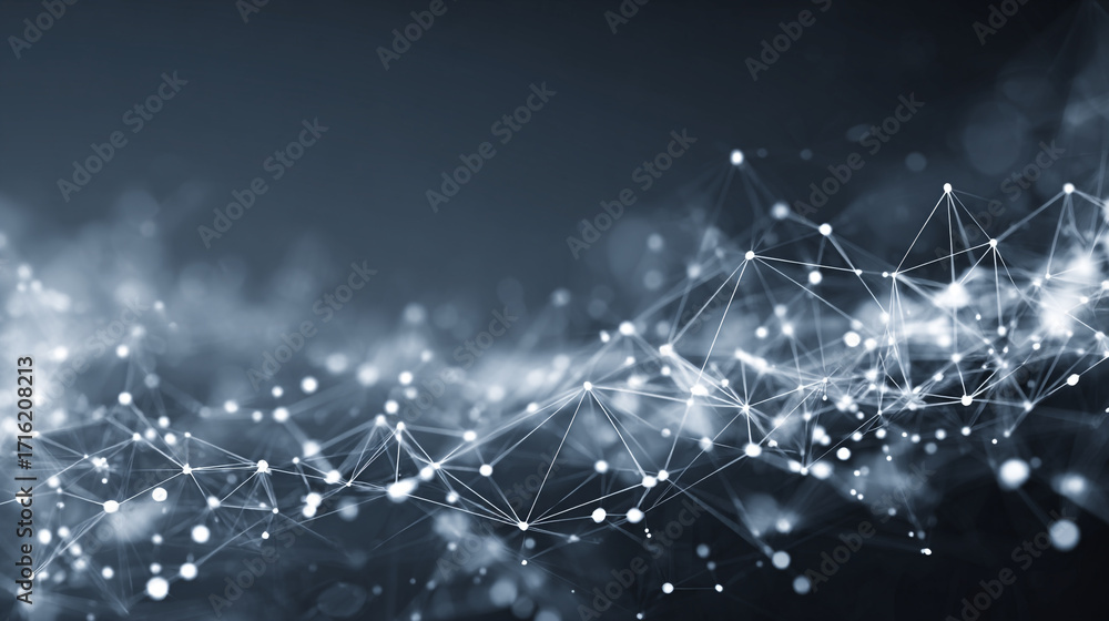 Fototapeta premium Abstract network connection glowing nodes lines dark background digital technology