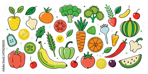 Vibrant assortment of fresh fruits and vegetables hand-drawn style healthy food collection