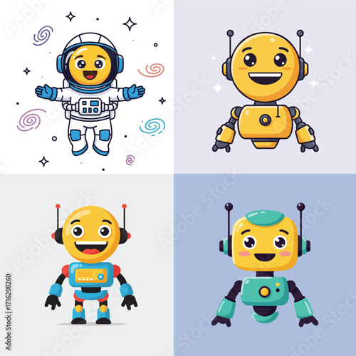 Four cute cartoon robots and astronaut in space suit isolated on white background