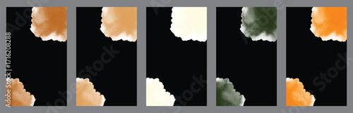 Varied watercolor blots corner each of five stark black backgrounds offering distinct aesthetics