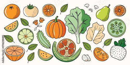 Vibrant assortment of fresh fruits and vegetables hand-drawn style art