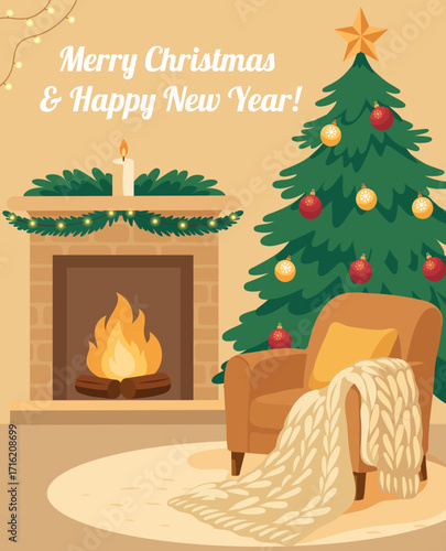 A cozy living room with a decorated Christmas tree, a blazing fireplace, candles, and garlands. The warm, festive atmosphere is perfect for greeting cards and winter Christmas and New Year's designs